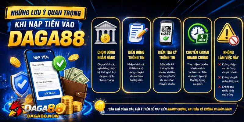 Những lưu ý quan trọng khi nạp tiền vào DAGA88